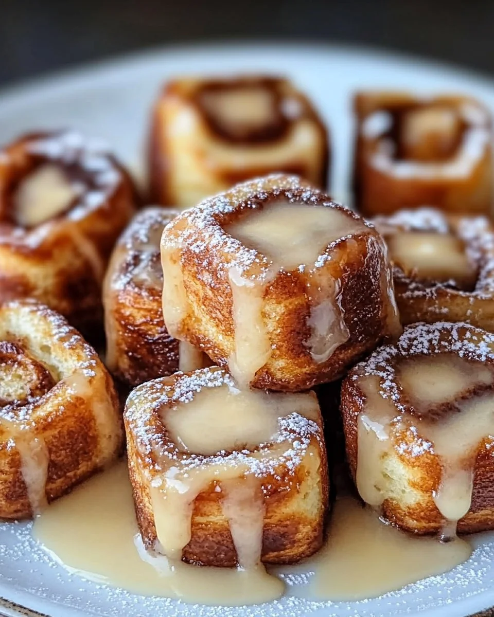 Cinnamon roll french toast bites served on a plate with syrup