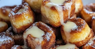 Delicious Cinnamon Roll French Toast Bites topped with icing and served warm.