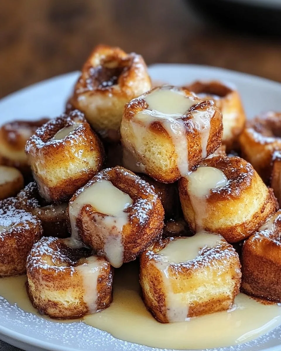 Delicious Cinnamon Roll French Toast Bites topped with icing and served warm.