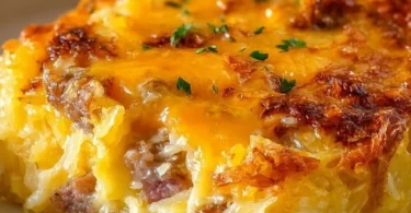 Classic Breakfast Hashbrown Casserole served warm on a plate.