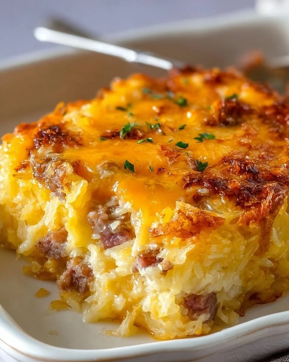Classic Breakfast Hashbrown Casserole served warm on a plate.