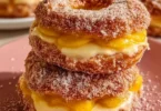 Classic peach cobbler cheesecake donuts with a fruity topping