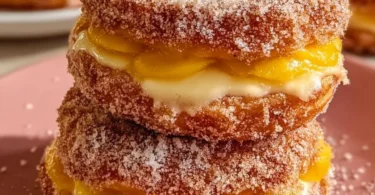 Classic peach cobbler cheesecake donuts with a fruity topping