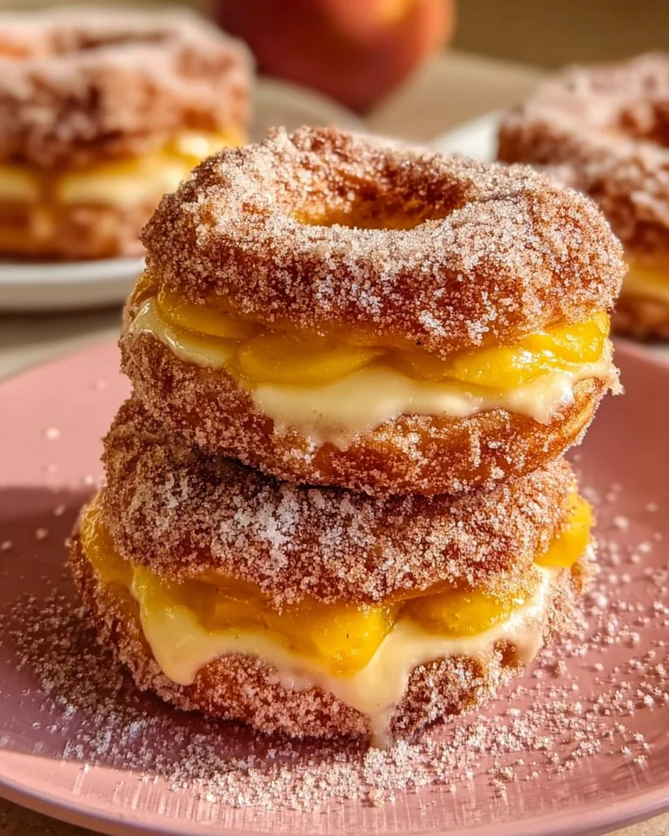 Classic peach cobbler cheesecake donuts with a fruity topping