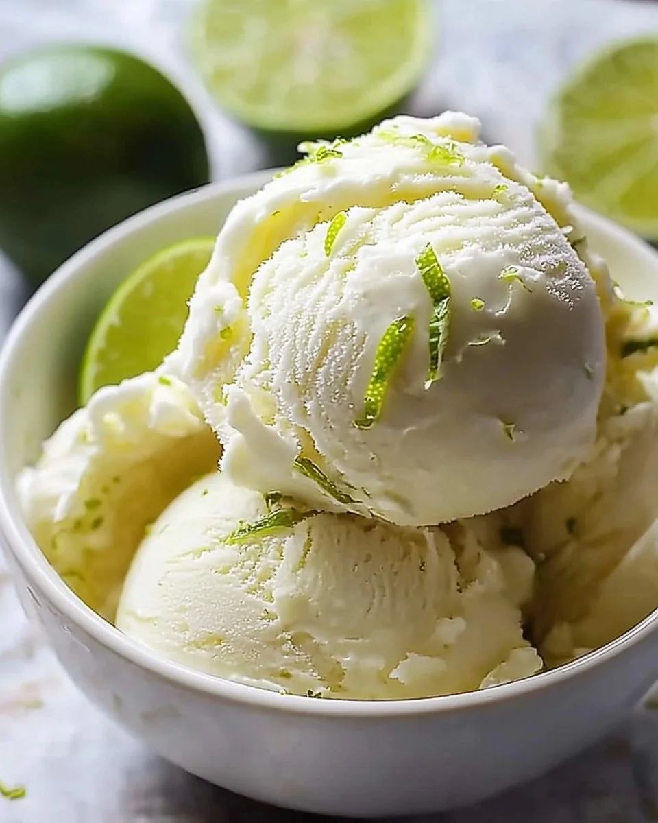 Creamy Coconut Lime Ice Cream in a bowl topped with lime zest and coconut flakes.