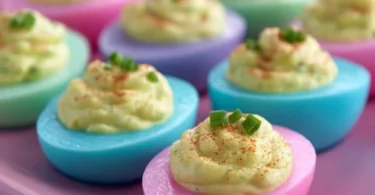 Vibrant colored deviled eggs on a decorative platter
