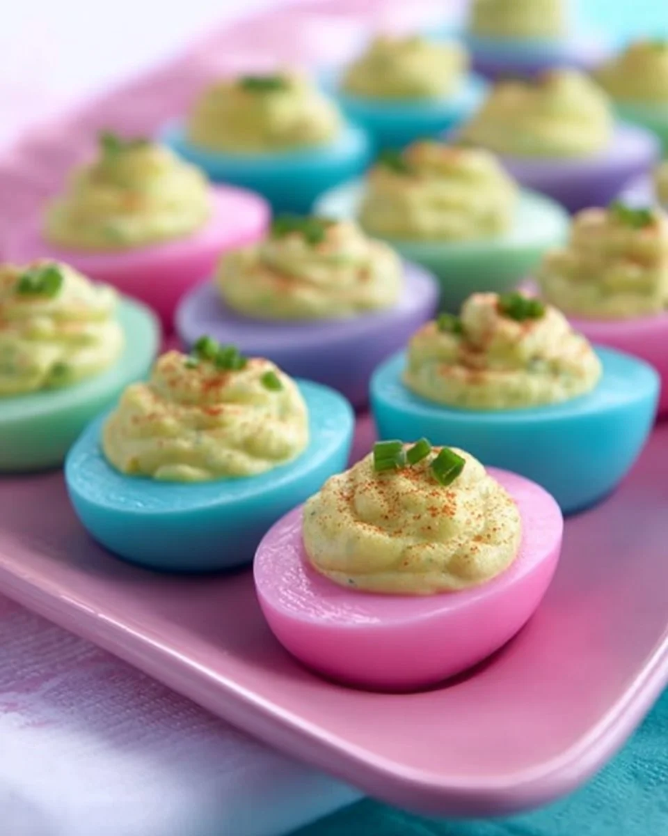 Vibrant colored deviled eggs on a decorative platter