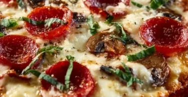 Cottage Cheese Pizza Bowl topped with fresh vegetables and cheese