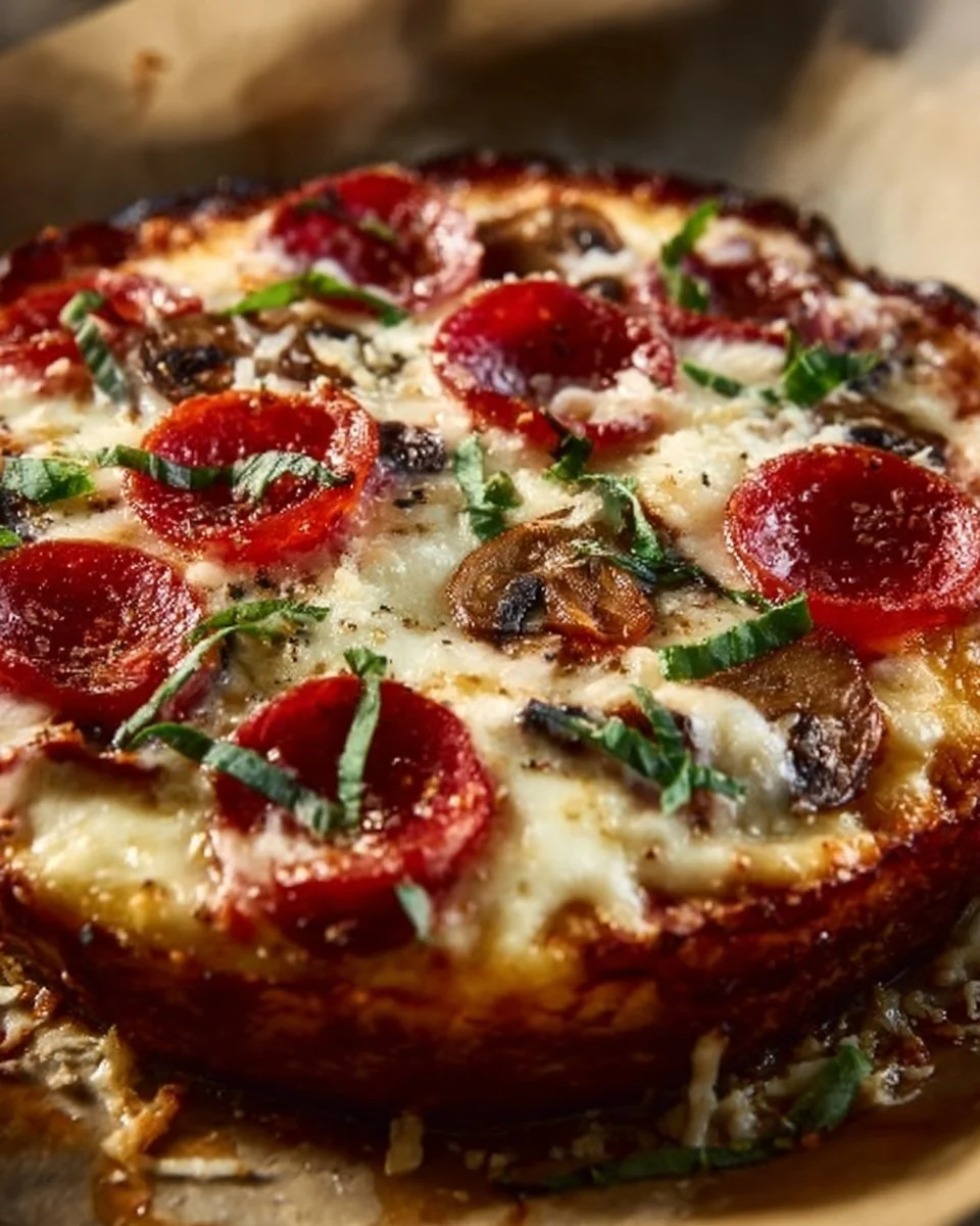 Cottage Cheese Pizza Bowl topped with fresh vegetables and cheese