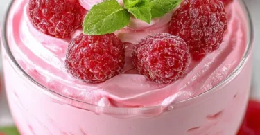 Delicious cottage cheese raspberry mousse in a decorative glass dessert dish.