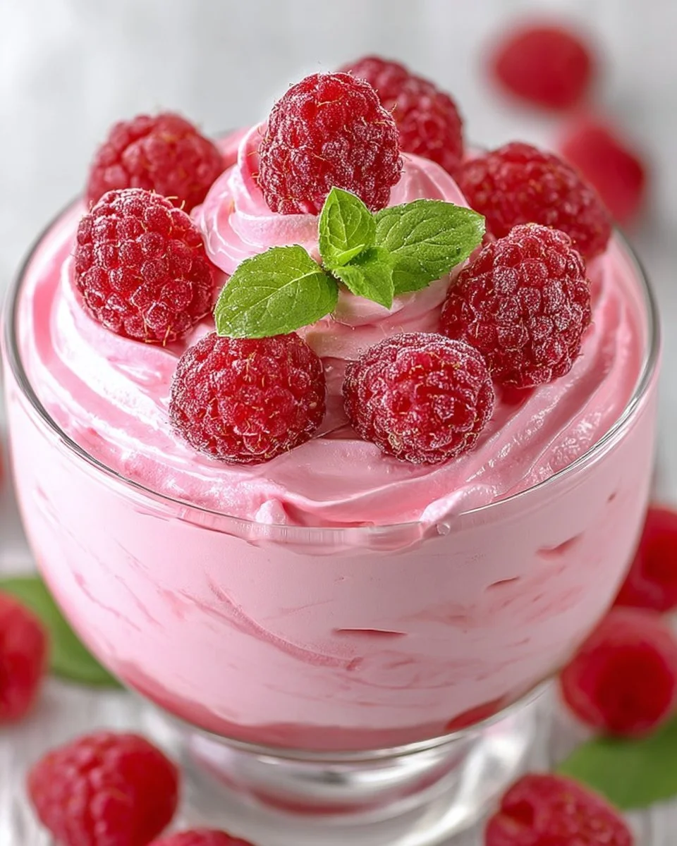 Delicious cottage cheese raspberry mousse in a decorative glass dessert dish.