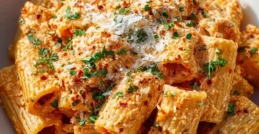 Creamy Cottage Cheese Rigatoni served on a plate with fresh herbs