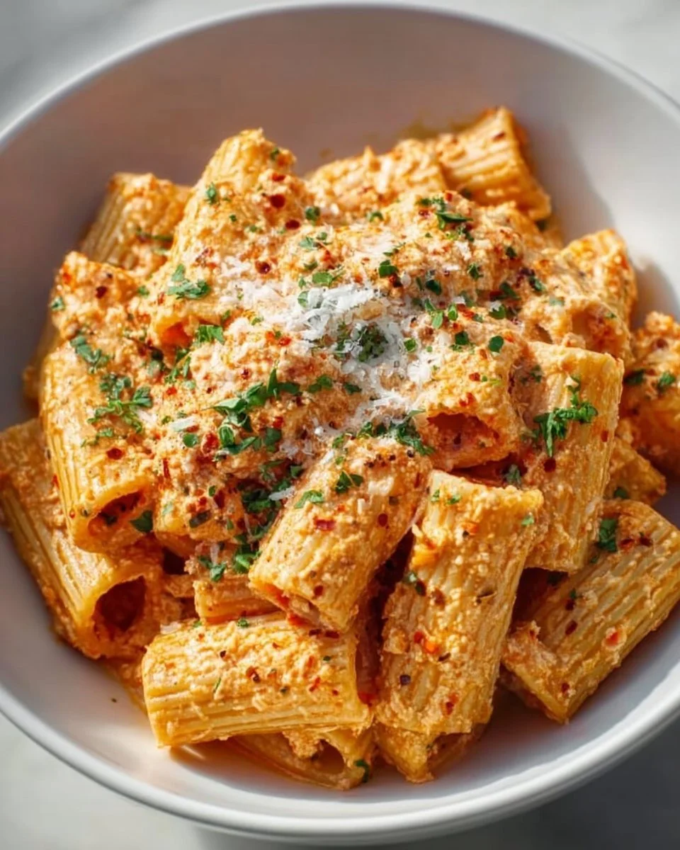 Creamy Cottage Cheese Rigatoni served on a plate with fresh herbs