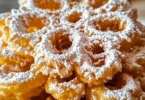 Delicious funnel cakes dusted with powdered sugar at a county fair.