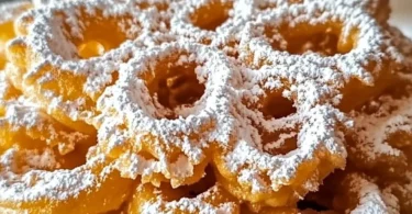 Delicious funnel cakes dusted with powdered sugar at a county fair.