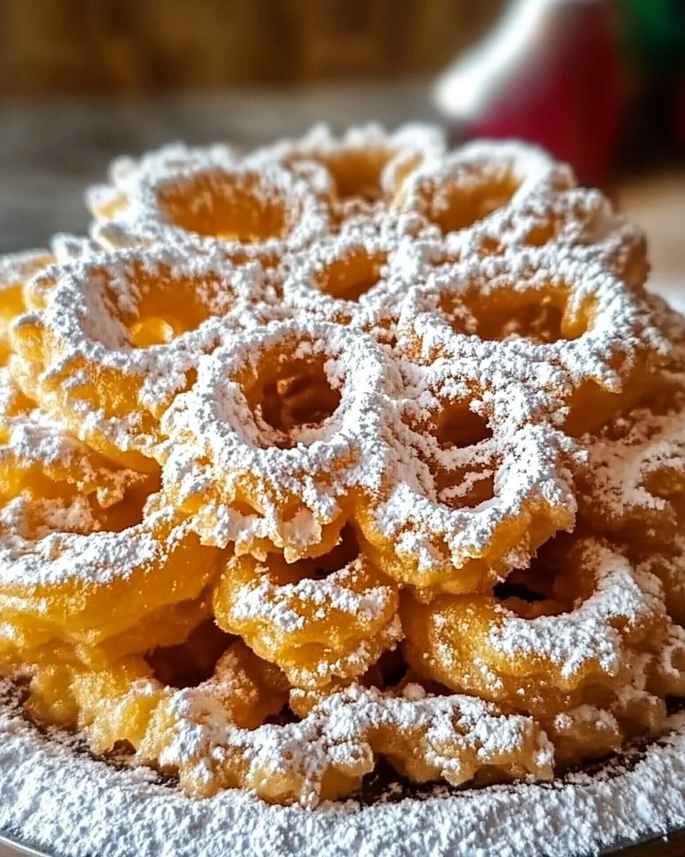 Delicious funnel cakes dusted with powdered sugar at a county fair.