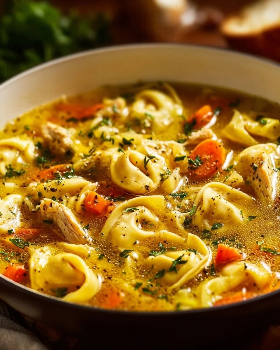 A warm bowl of cozy chicken tortellini soup garnished with herbs