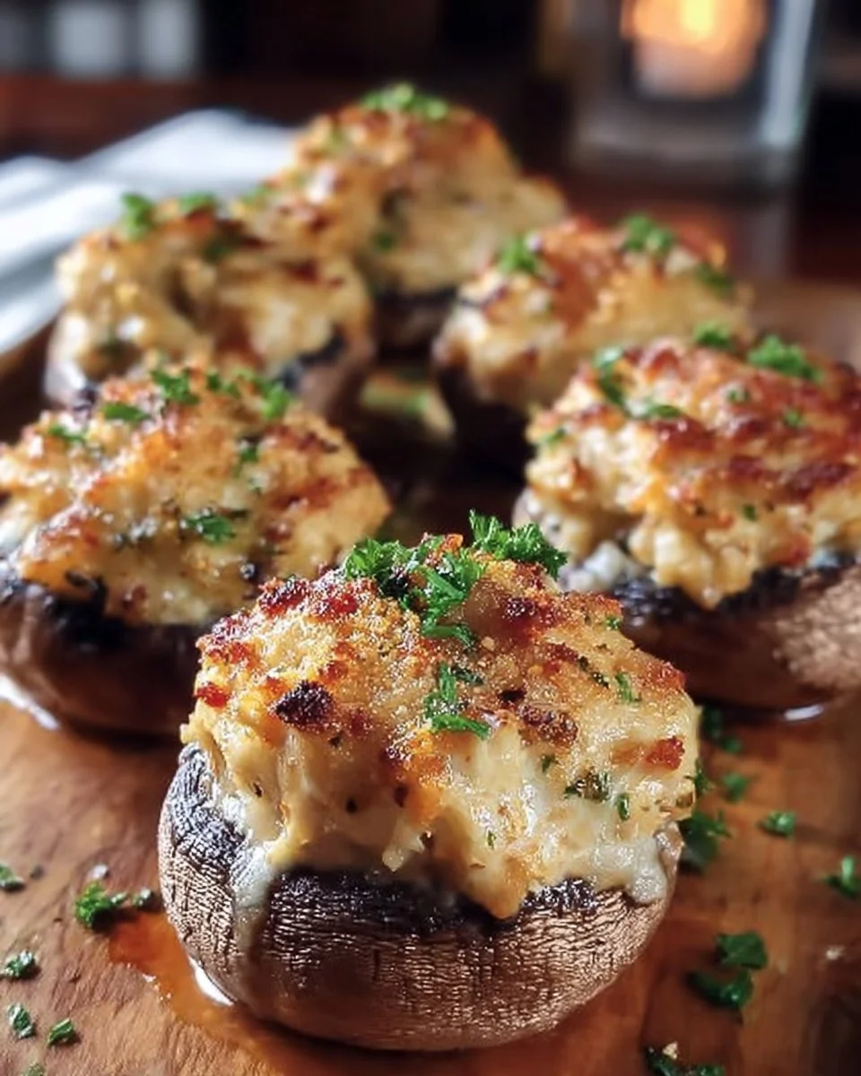 Delicious crab-stuffed mushrooms, a perfect appetizer for any event.
