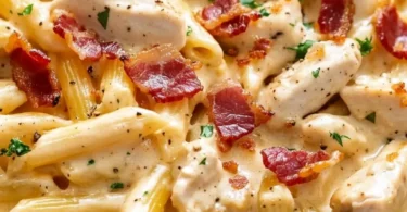 Delicious plate of Crack Chicken Penne with creamy sauce and herbs