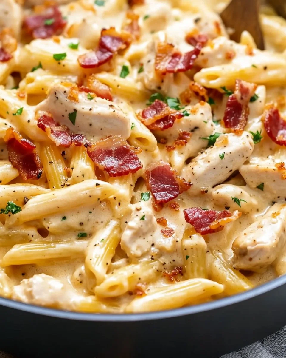 Delicious plate of Crack Chicken Penne with creamy sauce and herbs