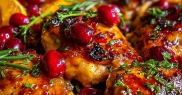 Cranberry Orange Chicken dish garnished with fresh herbs and orange slices
