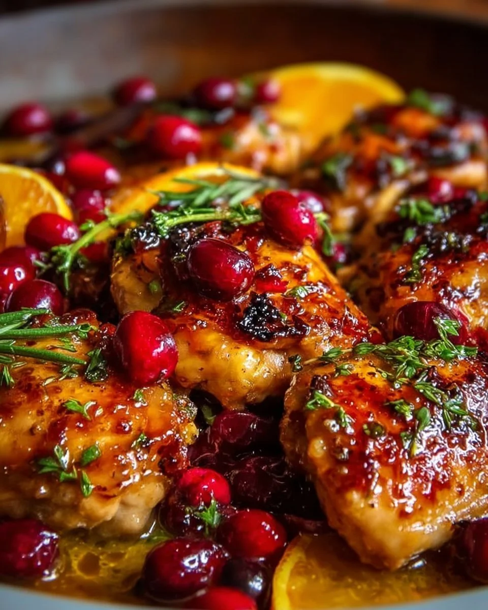 Cranberry Orange Chicken dish garnished with fresh herbs and orange slices