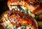 Cranberry and spinach stuffed chicken breast with brie cheese on a plate
