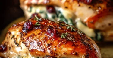 Cranberry and spinach stuffed chicken breast with brie cheese on a plate