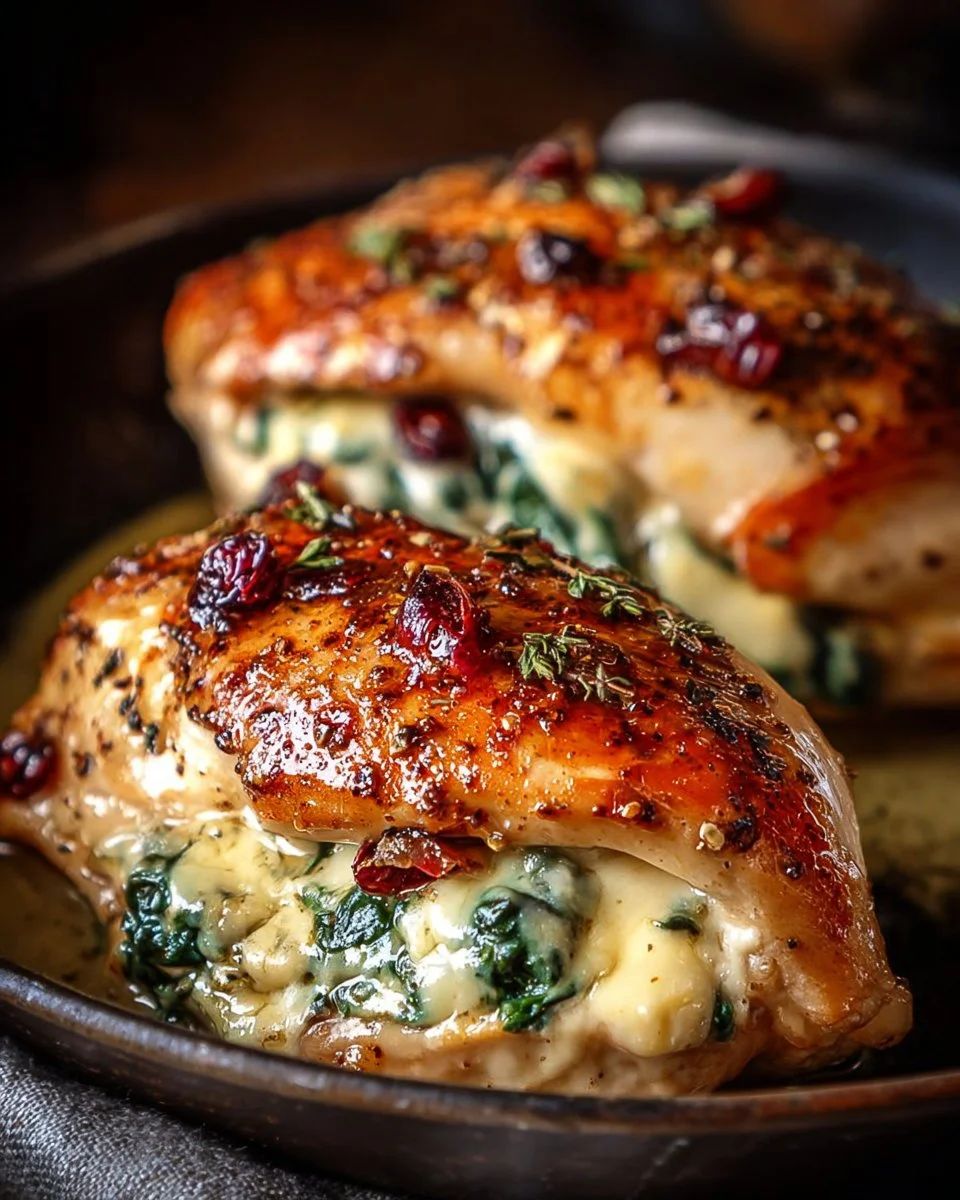 Cranberry and spinach stuffed chicken breast with brie cheese on a plate