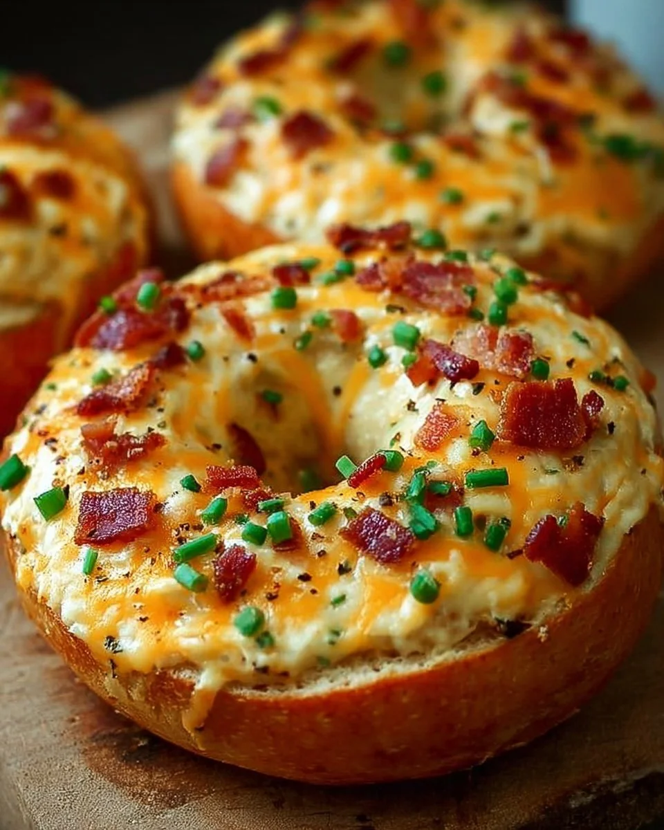 Freshly baked creamy bacon cheddar bagels with melted cheese and crispy bacon