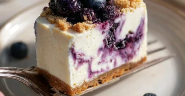 Creamy blueberry cheesecake topped with fresh blueberries and a graham cracker crust