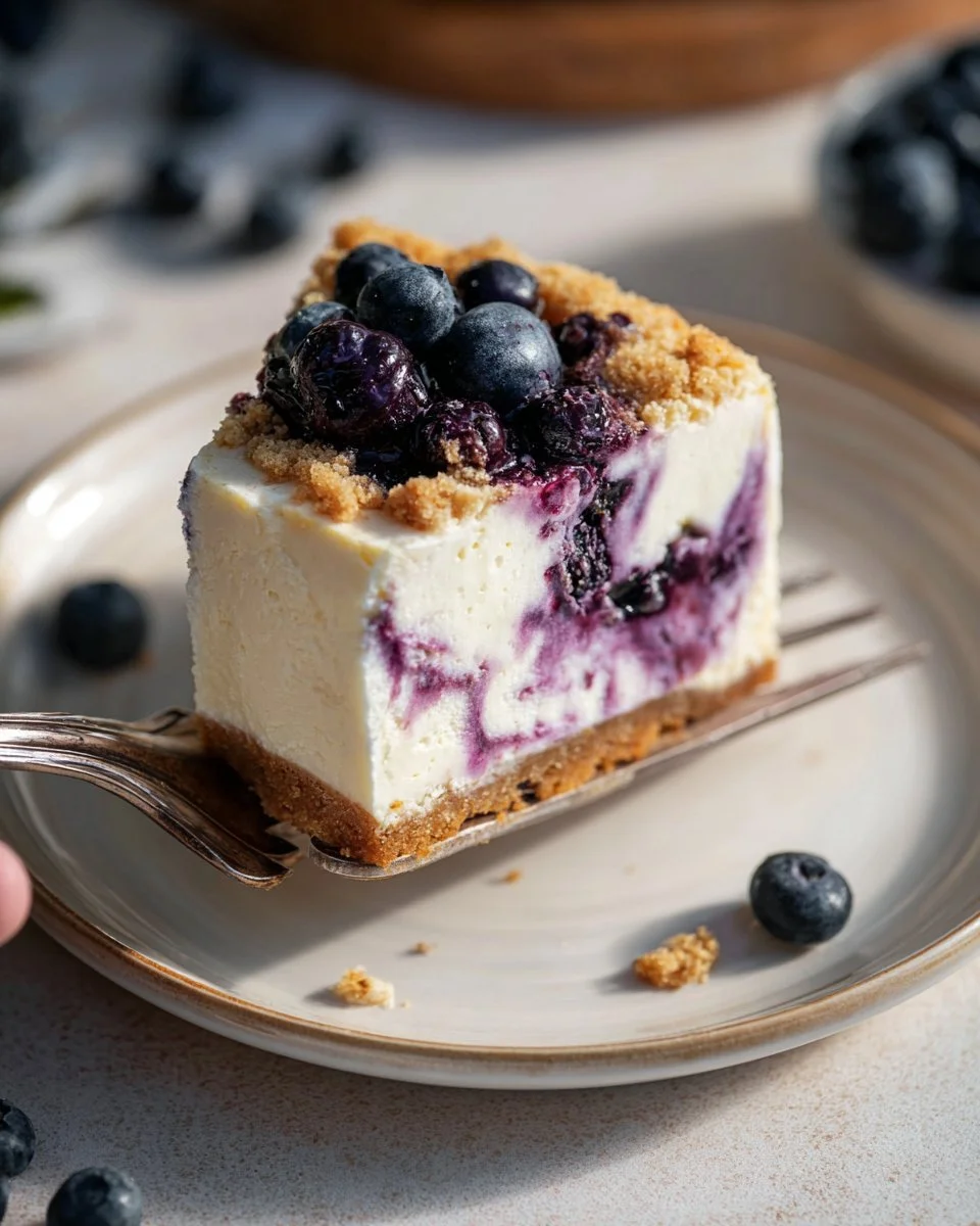 Creamy blueberry cheesecake topped with fresh blueberries and a graham cracker crust