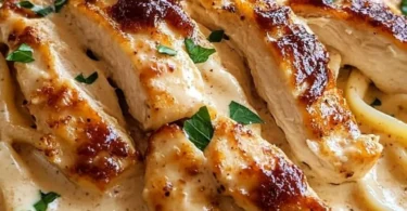 Creamy Cheddar BBQ Ranch Chicken Alfredo dish ready to serve