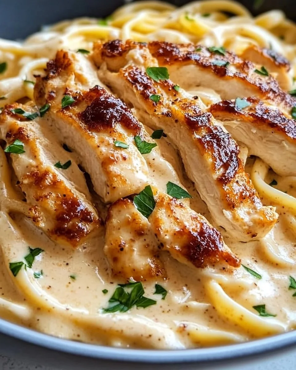 Creamy Cheddar BBQ Ranch Chicken Alfredo dish ready to serve