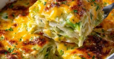 Creamy cheesy cabbage casserole dish served warm