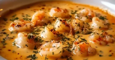 Creamy crab and shrimp seafood bisque served in a bowl with herbs