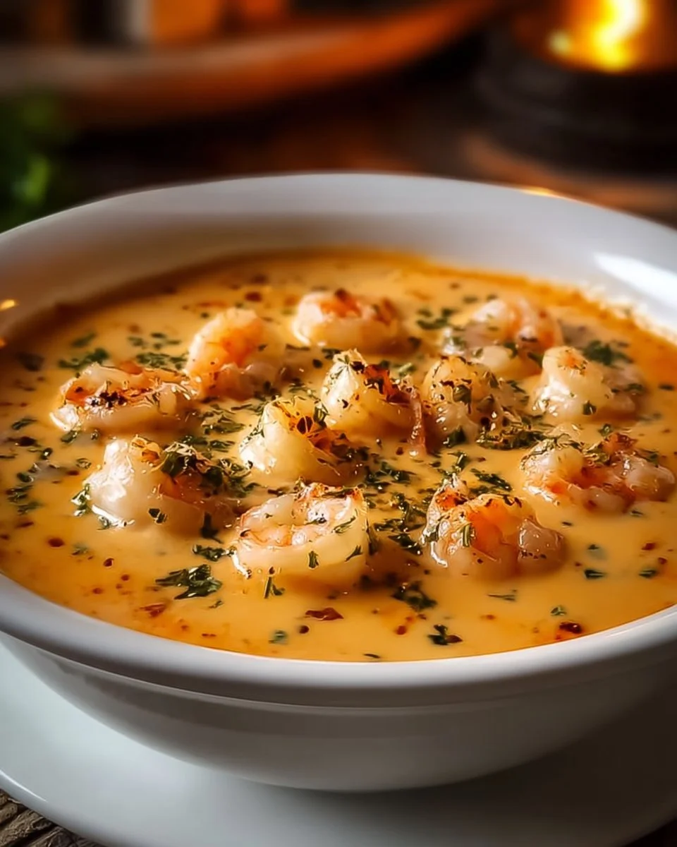 Creamy crab and shrimp seafood bisque served in a bowl with herbs