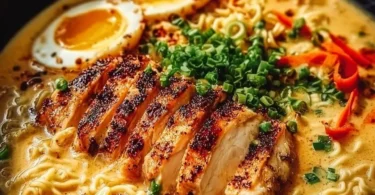 Creamy garlic chicken ramen with noodles and garnishes in a bowl