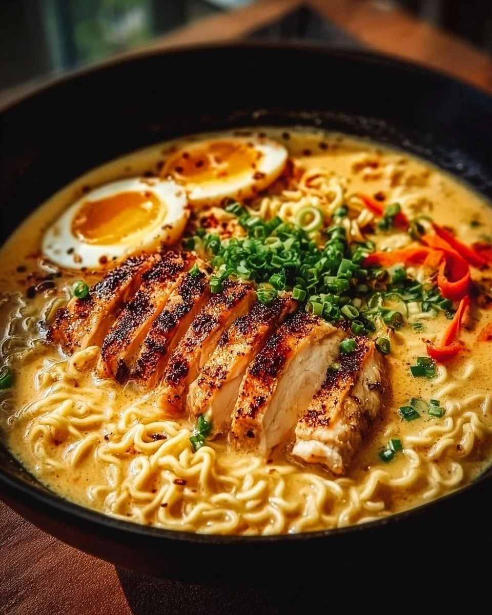 Creamy garlic chicken ramen with noodles and garnishes in a bowl