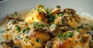 Creamy garlic mushroom chicken thighs served on a white plate