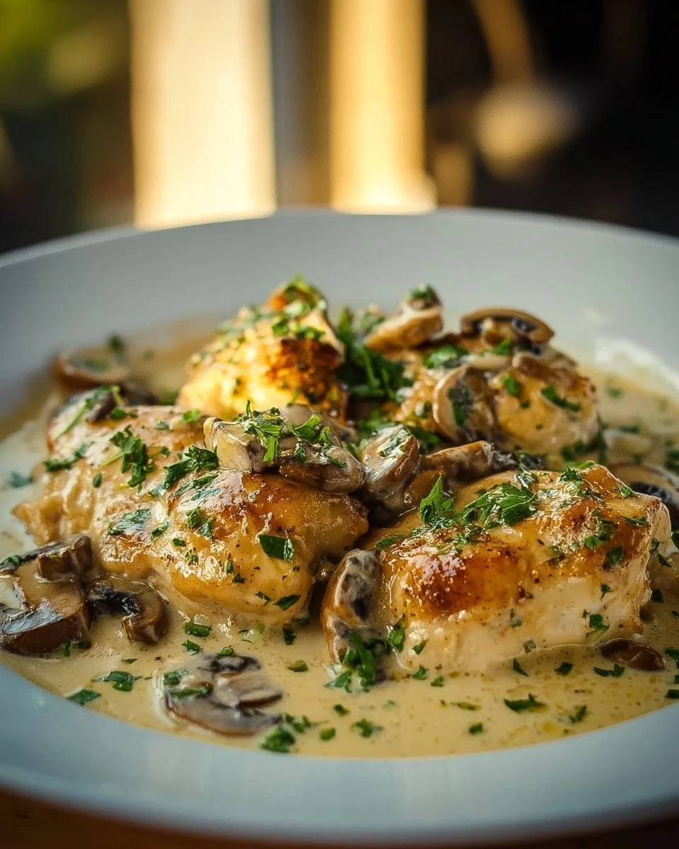 Creamy garlic mushroom chicken thighs served on a white plate