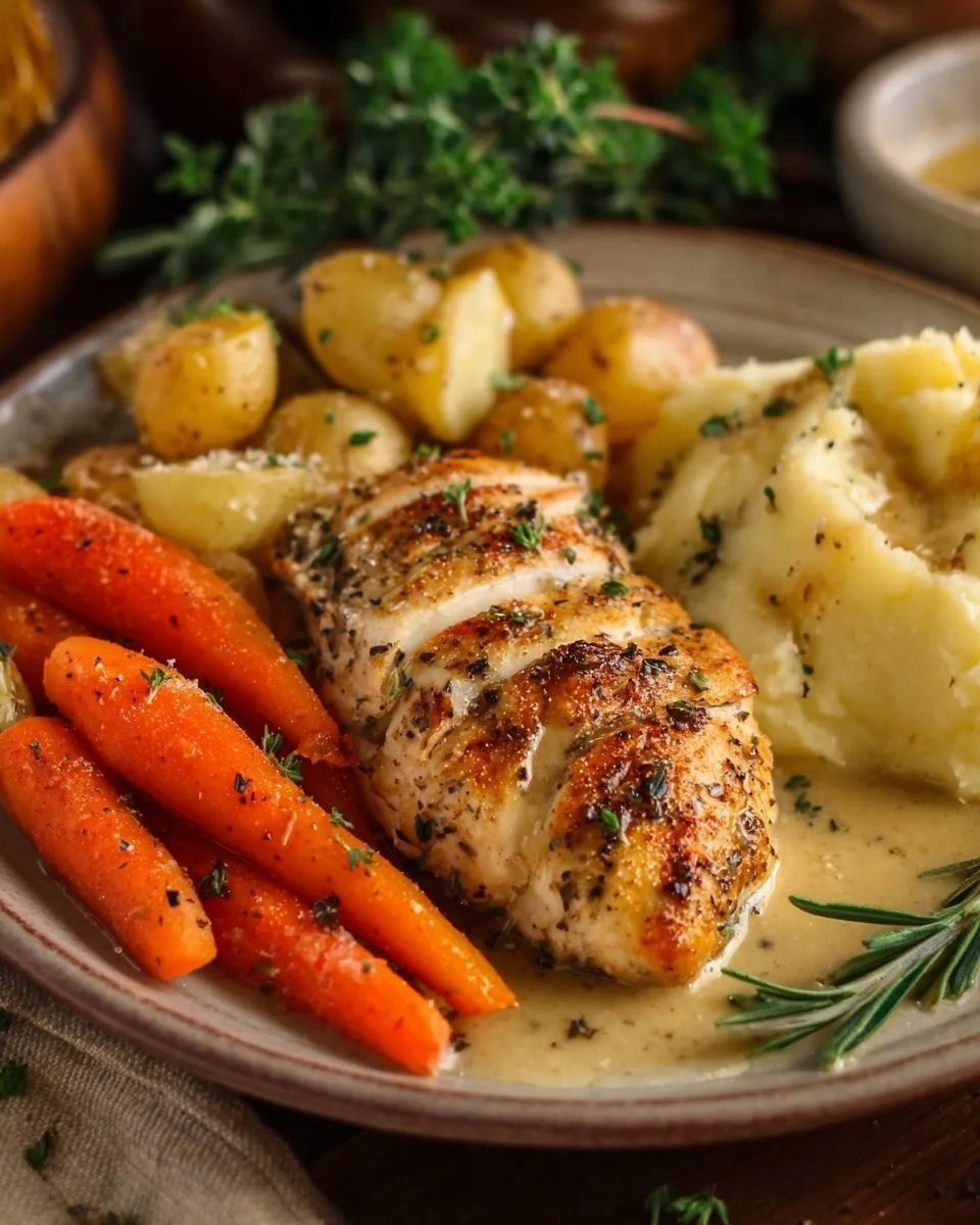 Creamy herb chicken served with tender potatoes on a plate