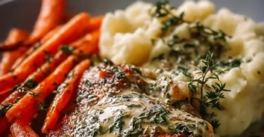 Plate of creamy herb chicken with mashed potatoes and honey glazed carrots