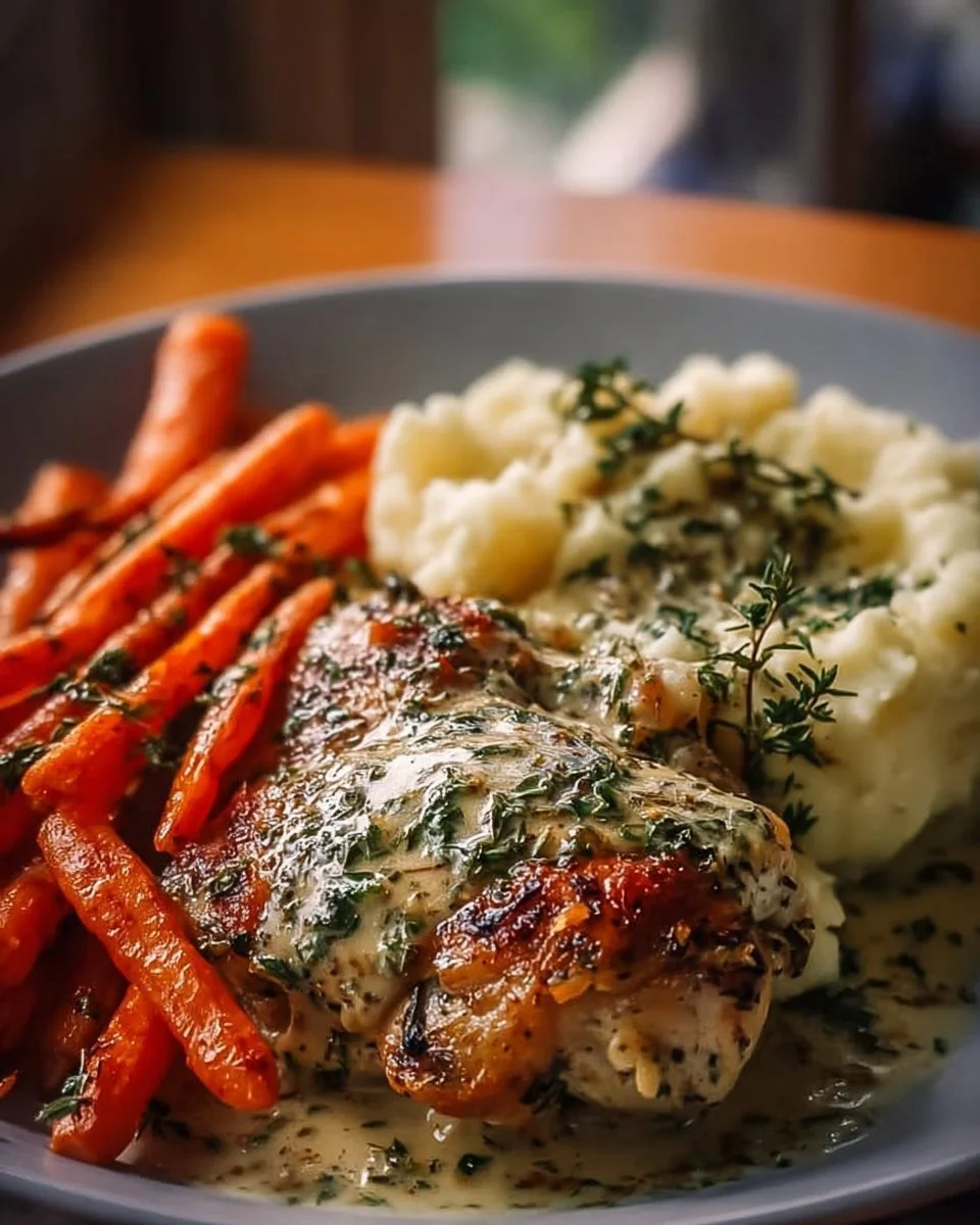Plate of creamy herb chicken with mashed potatoes and honey glazed carrots