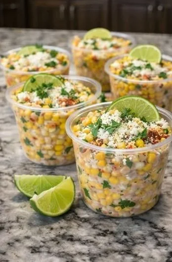 Delicious creamy Mexican street corn cups topped with cheese and spices.