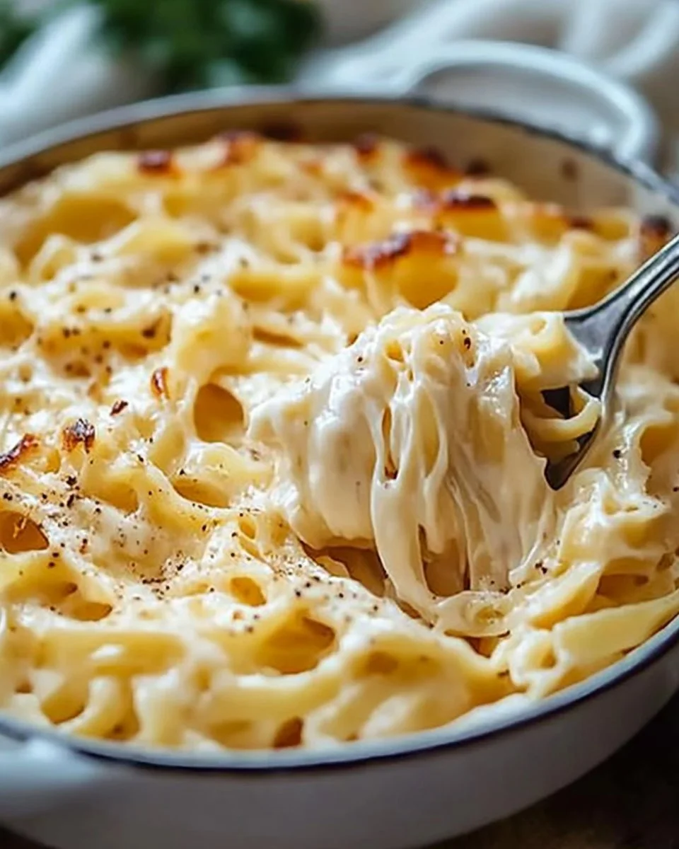Creamy noodles Romanoff topped with herbs and spices in a bowl