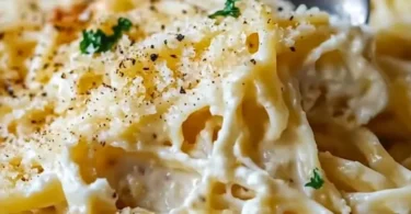 Bowl of creamy noodles Romanoff garnished with herbs