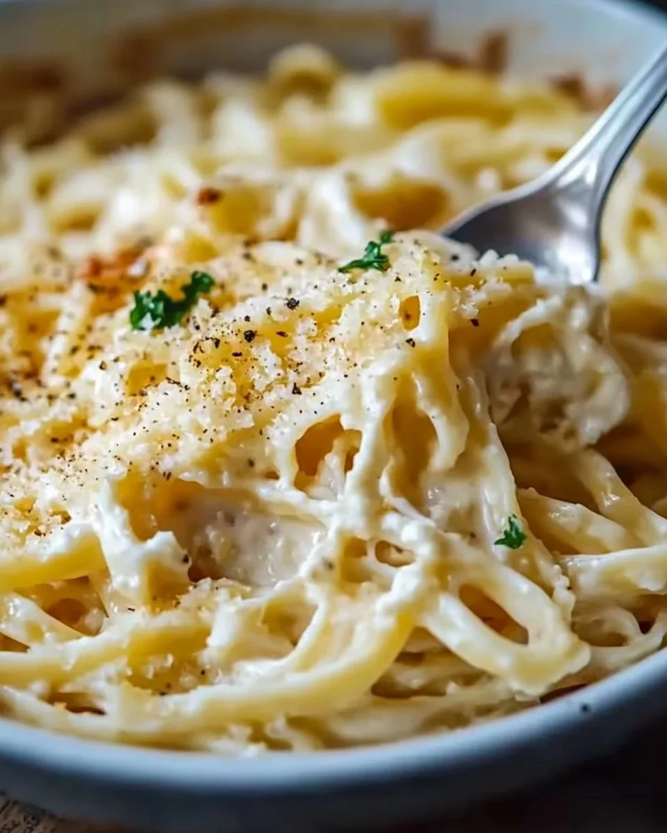 Bowl of creamy noodles Romanoff garnished with herbs