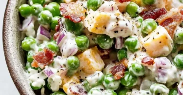 Creamy pea salad topped with crispy bacon, served in a bowl.
