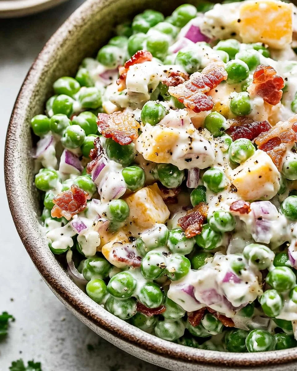 Creamy pea salad topped with crispy bacon, served in a bowl.